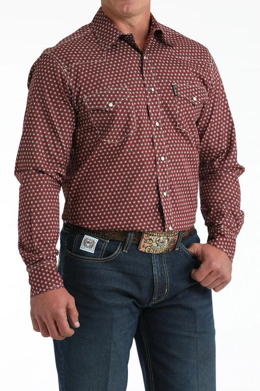CINCH MEN'S LONG SLEEVE MODERN FIT PRINT SHIRT in BURGUNDY