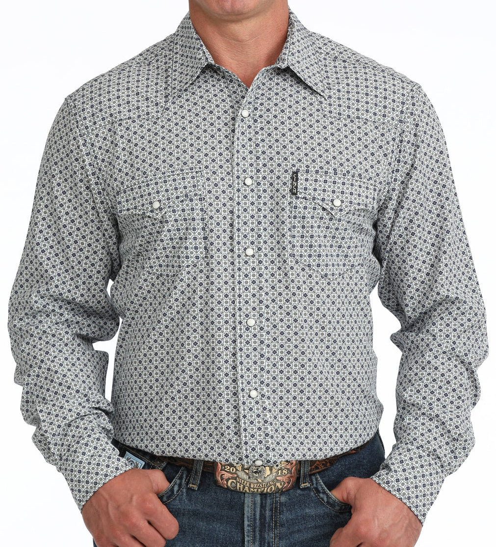 CINCH MEN'S LONG SLEEVE PRINT ARENAFLEX SHIRT - WHITE, NAVY & OLIVE