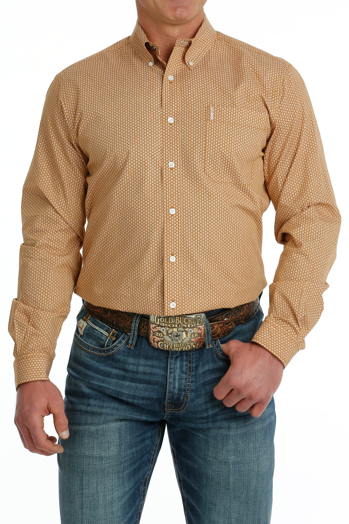 CINCH MEN'S MODERN FIT GEOMETRIC BUTTON-DOWN WESTERN SHIRT - ORANGE