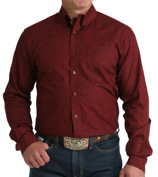 CINCH MEN'S LONG SLEEVE MODERN FIT PAISLEY PRINT SHIRT in BURGUNDY