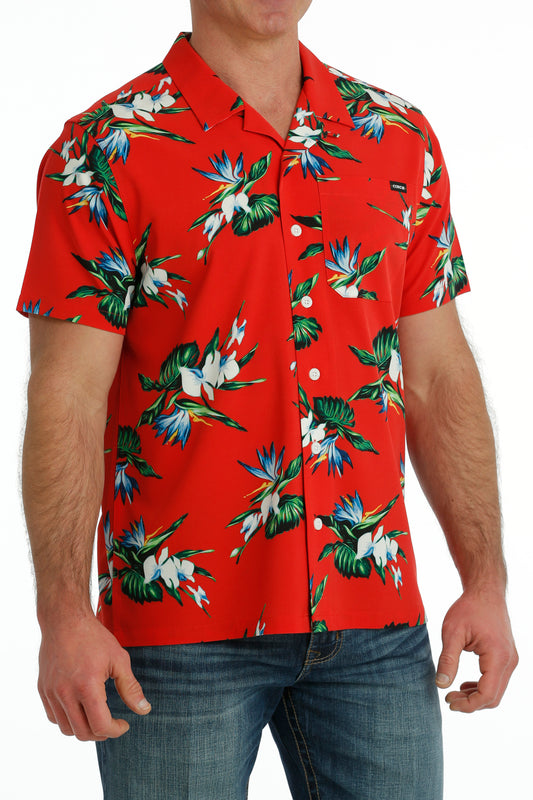 CINCH MENS RED HAWAIIAN CAMP SHIRT