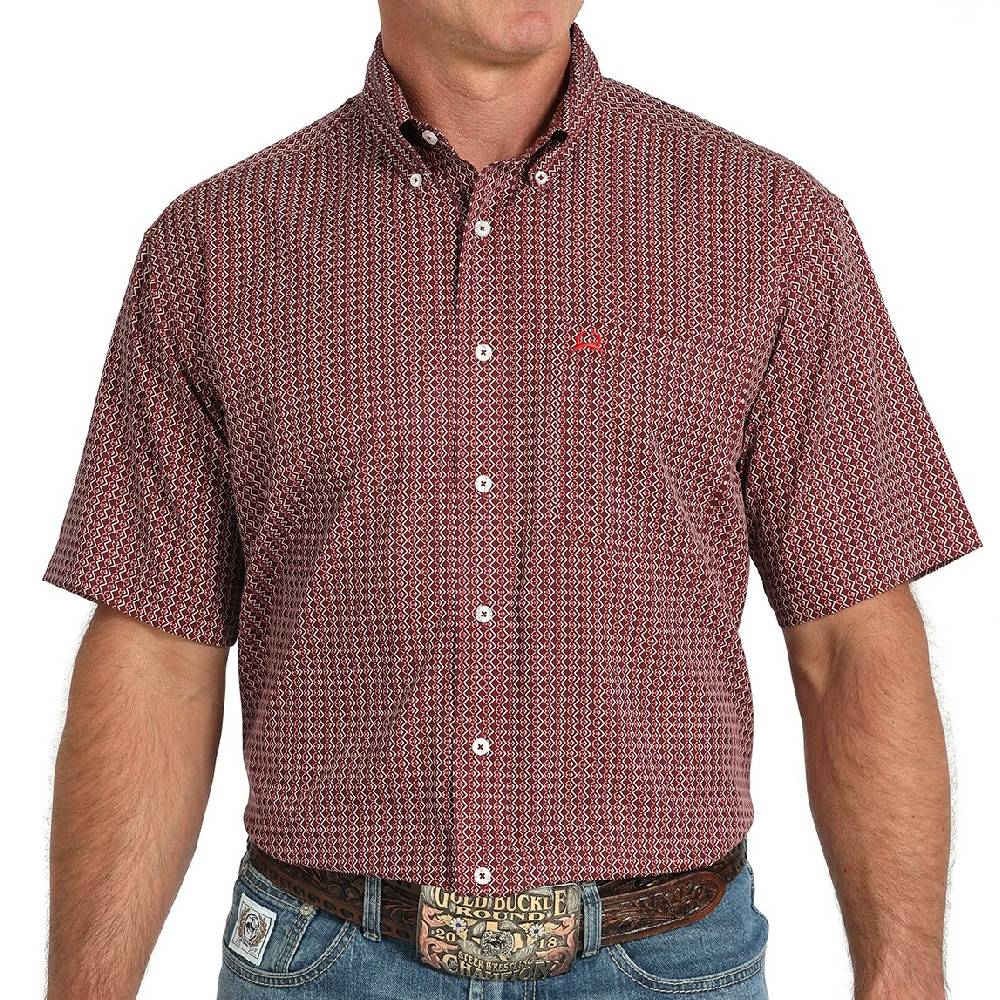 CINCH MEN'S ARENAFLEX GEO PRINT SHORT SLEEVE SHIRT - BURGUNDY