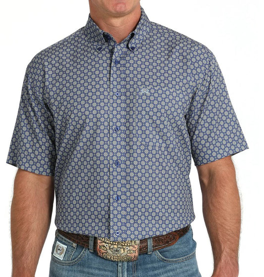CINCH MEN'S SHORT SLEEVE ARENA FLEX GEO-PRINT SHIRT in DK CORNFLOWER