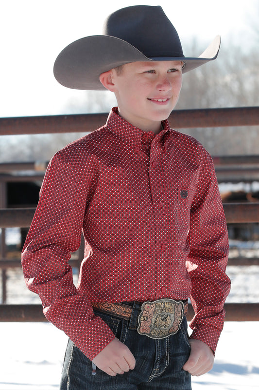 CINCH BOY'S GEOMETRIC PRINT BUTTON-DOWN WESTERN SHIRT - RED