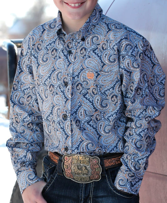 CINCH BOY'S PAISLEY PRINT BUTTON-DOWN WESTERN SHIRT - GRAY /BLUE