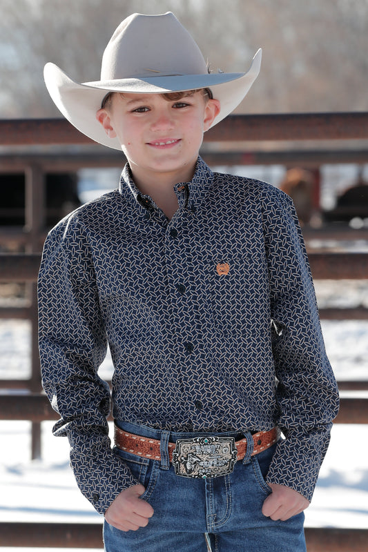 CINCH BOY'S GEOMETRIC PRINT BUTTON-DOWN WESTERN SHIRT - NAVY