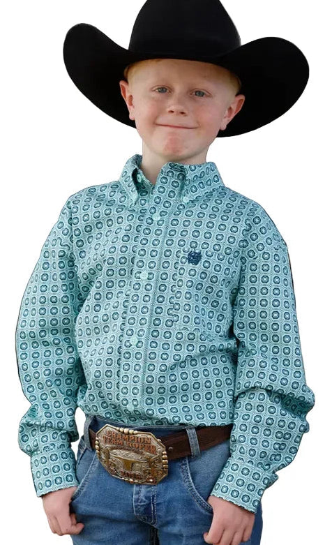 CINCH BOY'S LONG SLEEVE TURQUOISE PRINT SHIRT