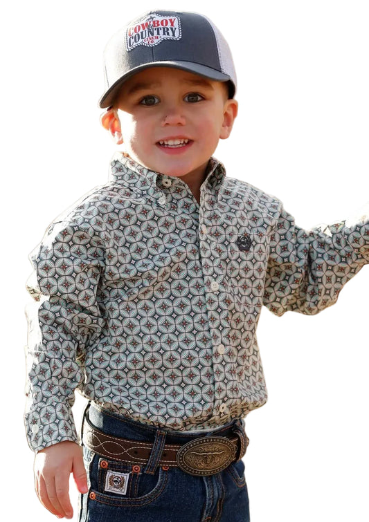 CINCH TODDLER BOY'S CREAM GEO-PRINT BUTTON DOWN SHIRT