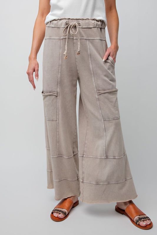 LADIES MINERAL WASHED TERRY KNIT PANTS - MUSHROOM