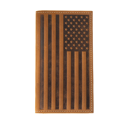 NOCONA MENS RODEO STYLE WALLET EMBOSSED FLAG BROWN