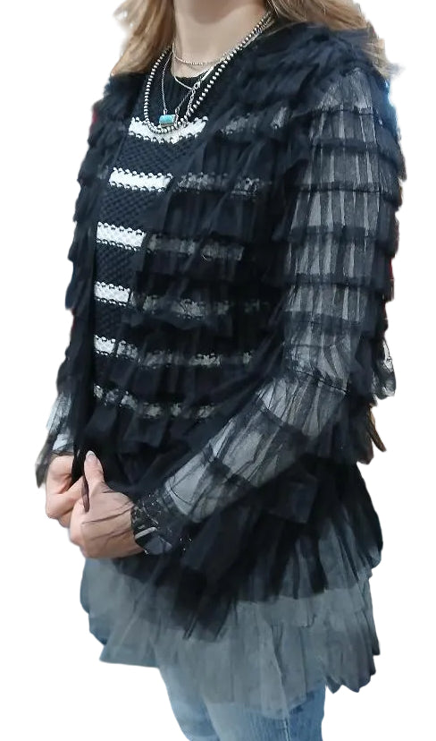 W.A.Y. MESH RUFFLE JACKET in BLACK OMBRE