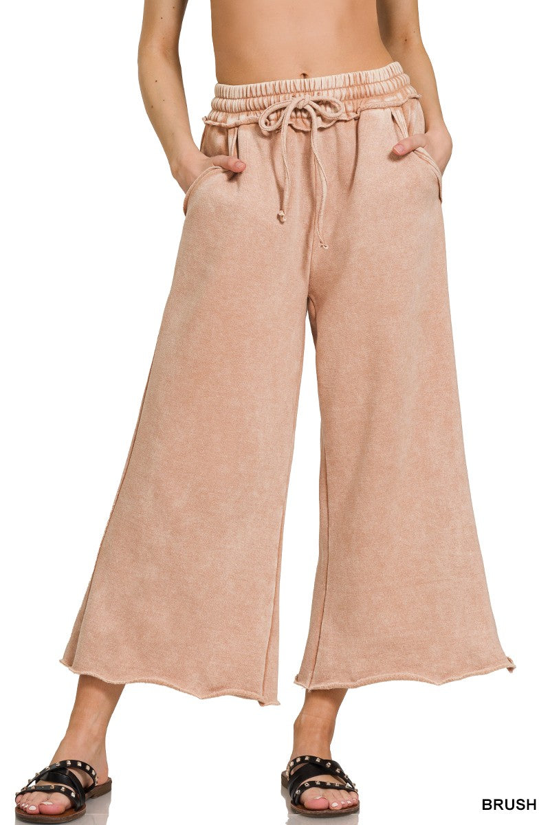 ACID WASH FLEECE CROP PALAZZO SWEATPANTS WITH POCKETS 4 COLORS