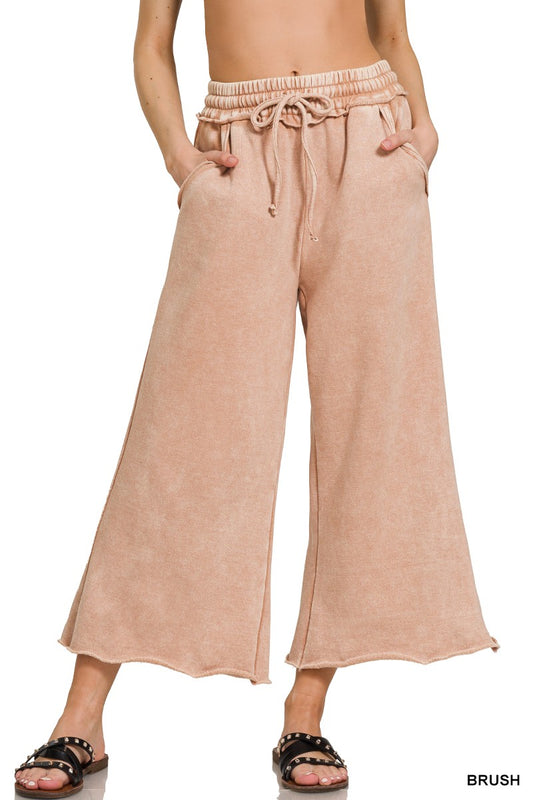 ACID WASH FLEECE CROP PALAZZO SWEATPANTS WITH POCKETS 4 COLORS