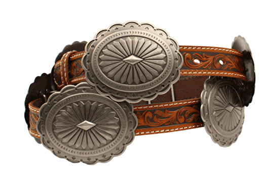 ARIAT LADIES TOOLED FLORAL BELT TAN WITH CONCHOS