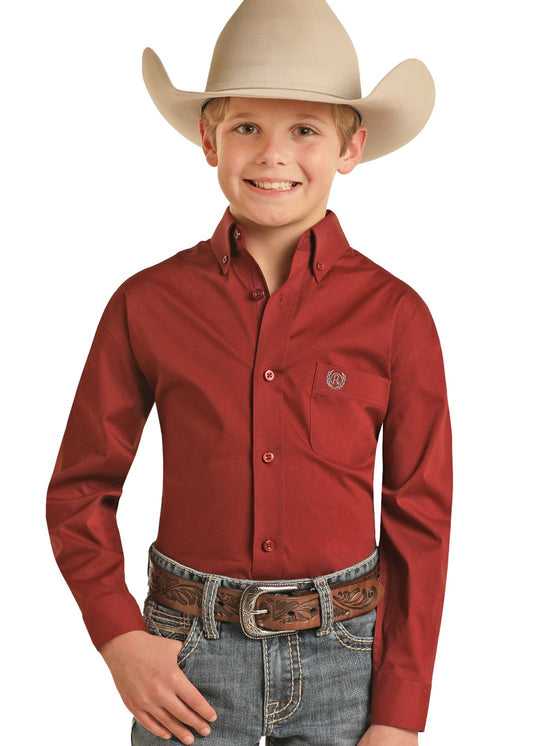 Panhandle Boys Long Sleeve Solid Stretch Shirt - SCARLET