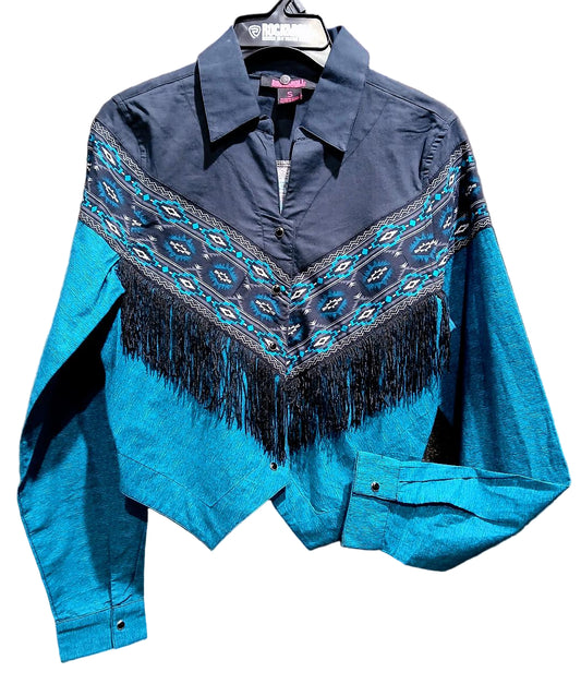 ROCK AND ROLL DENIM LADIES' RETRO AZTEC BORDER SHIRT in PEACOCK