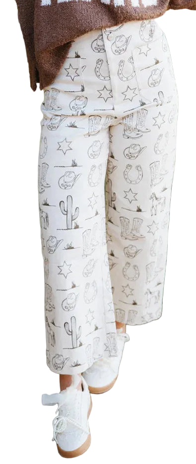WESTERN PRINT STRAIGHT LEG CROPPED PANTS