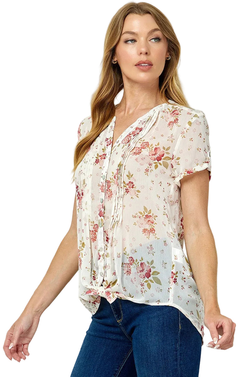 SHORT SLEEVE SHEER PINTUCK BLOUSE