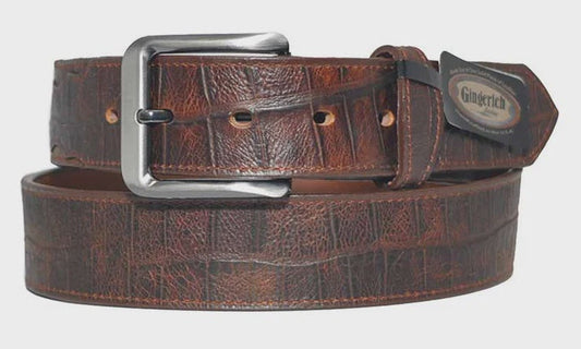MEN'S GINGERICH PORT LEON 1.5" EMBOSSED GATOR SKIN SCALLOPED OVERLAY BROWN BELT