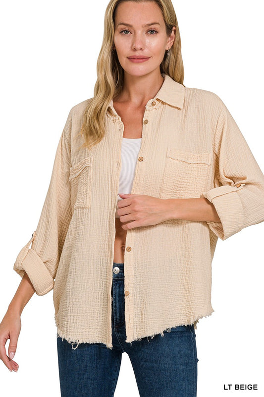 DOUBLE GAUZE BUTTON DOWN ROLL-UP LONG SLEEVE SHIRT in LT BEIGE