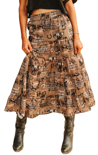 "RANCH RAGS" COWBOY PRINT TIERED MAXI SKIRT