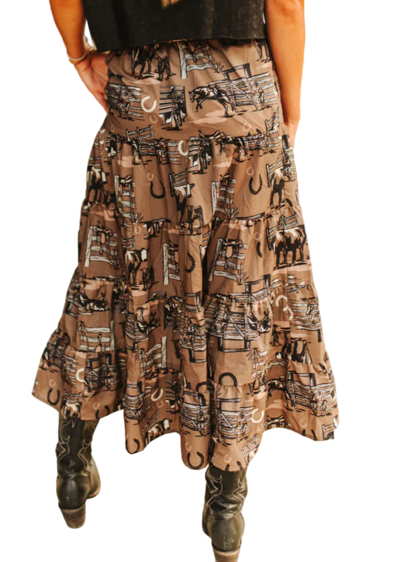 "RANCH RAGS" COWBOY PRINT TIERED MAXI SKIRT