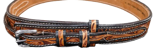 WESTERN 1 1/2" FLORAL TOOLED RANGER BELT - TAN/BLACK