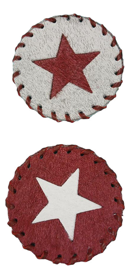RED AND WHITE STAR ROUND COWHIDE COASTERS