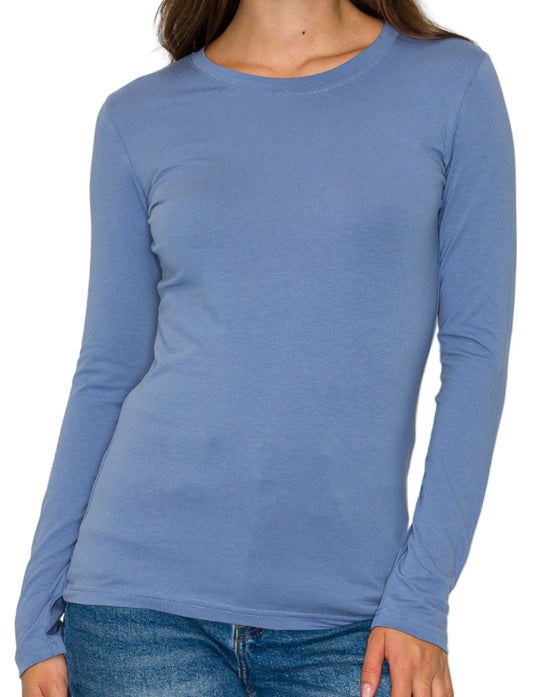 ROUND NECK LONG SLEEVE TEE in DENIM BLUE