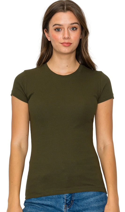 SHORT SLEEVE MINI RIBBED TEE in OLIVE