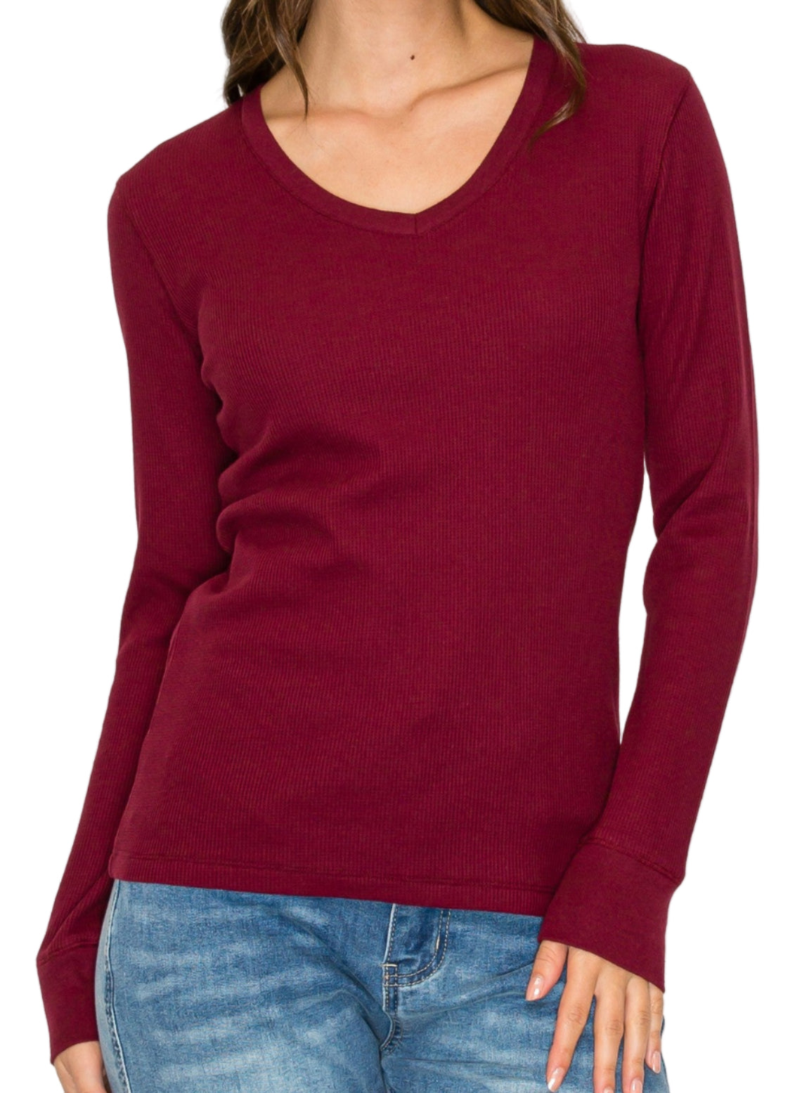 LADIES PLUS SIZE V-NECK WAFFLE KNIT TOP in BURGUNDY