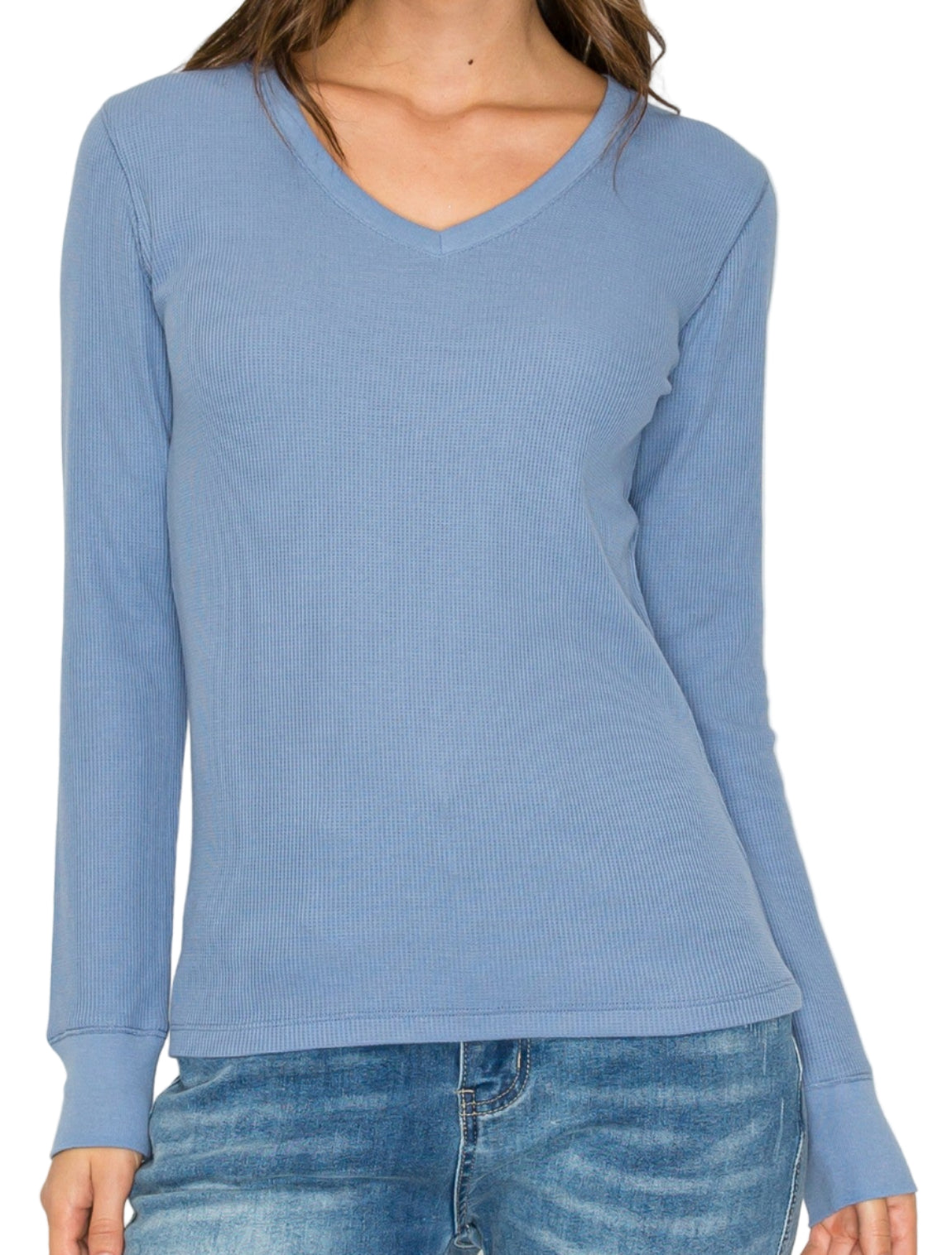 LADIES PLUS SIZE V-NECK WAFFLE KNIT TOP in DENIM BLUE