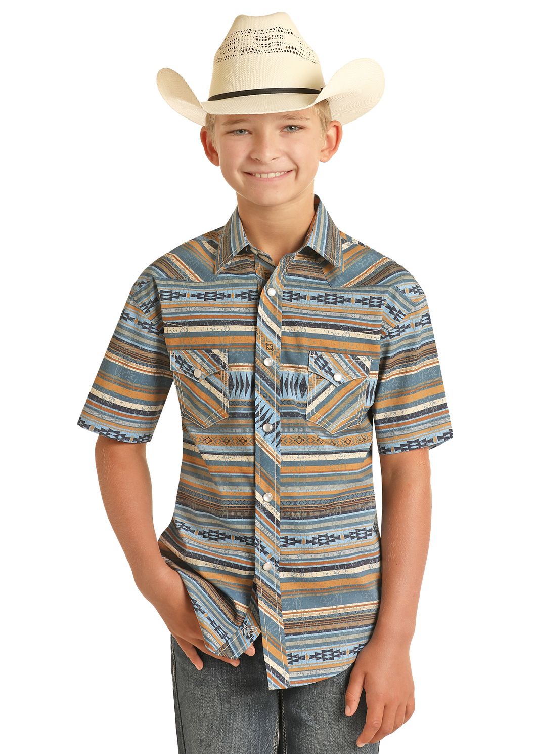 Rock & Roll Kids Vintage Aztec Stripe Short Sleeve Snap Shirt