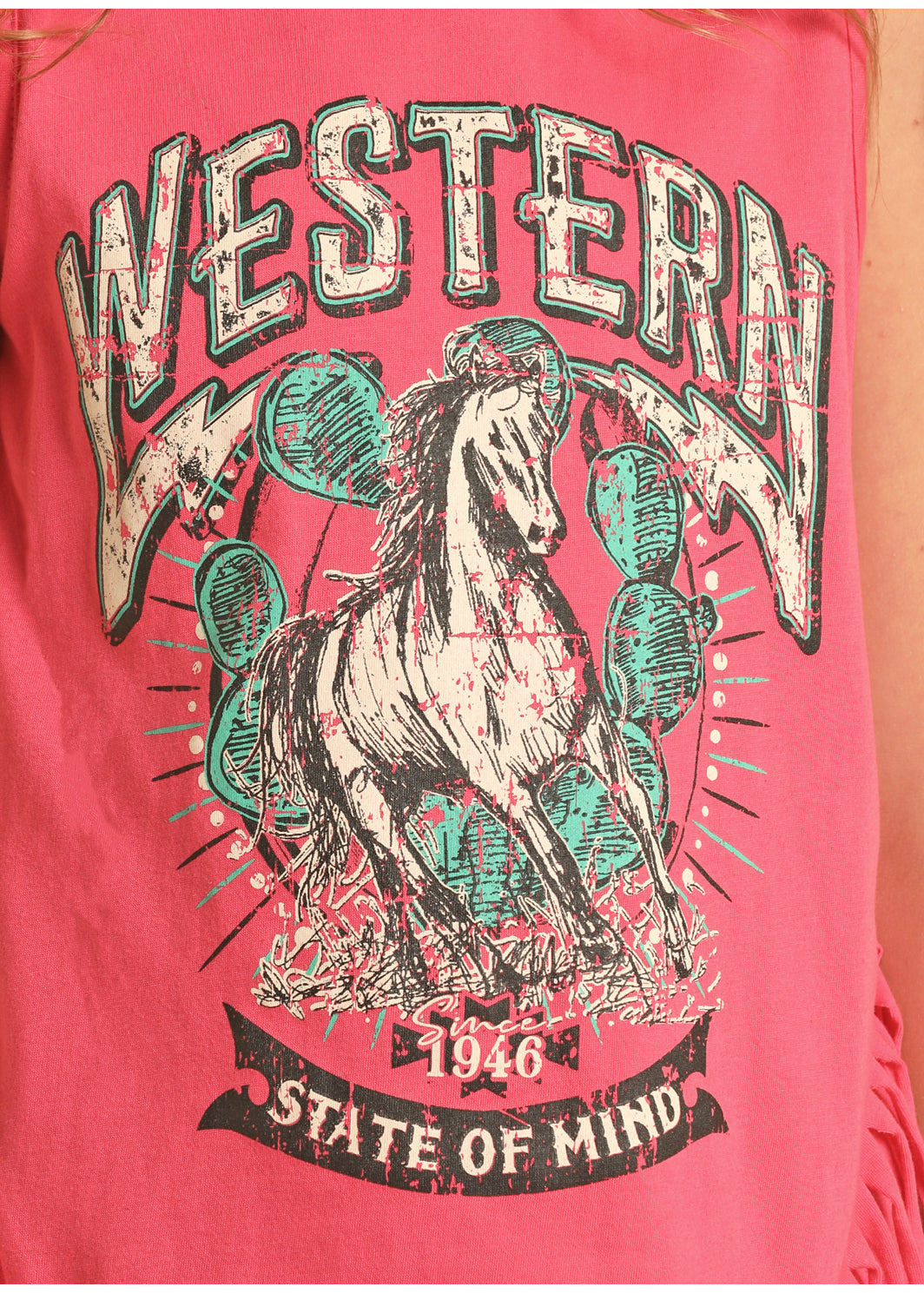 Rock & Roll Girls Hot Pink Western Graphic Fringe Shirt
