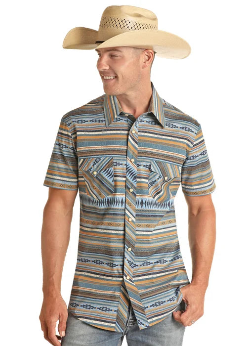 Rock & Roll Denim Men's Modern Fit Aztec Ripstop Short Sleeve Snap Shirt -- Blue