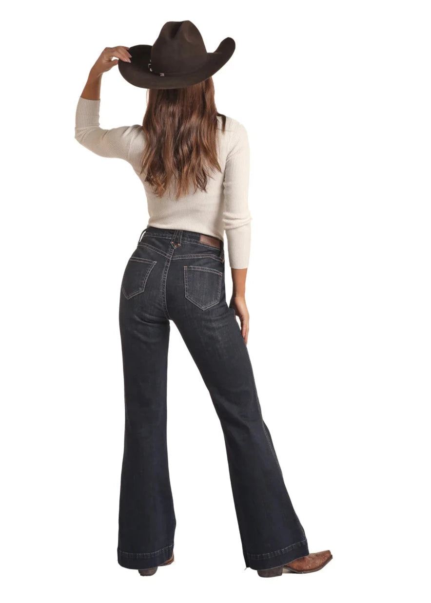 Rock & Roll Ladies Dark Wash Rivet Detail High Rise Trouser Jeans
