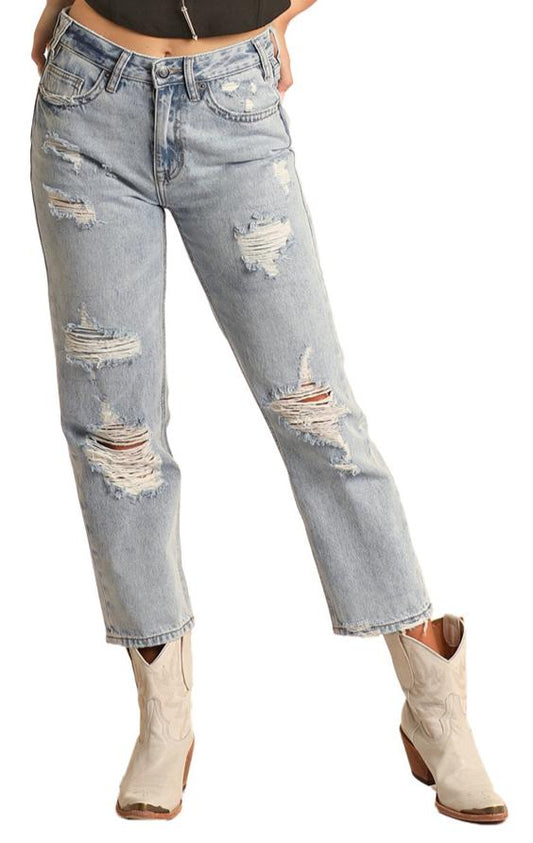 ROCK & ROLL DENIM LADIES HIGH RISE CROPPED LIGHT WASH JEANS