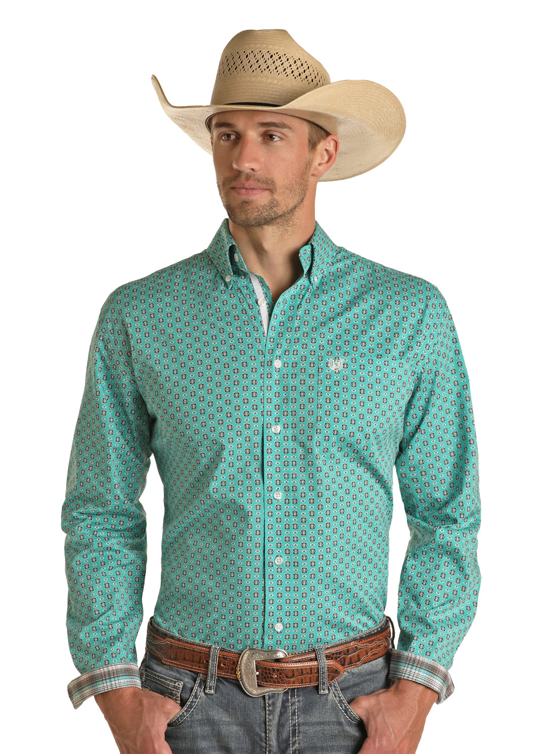 PANHANDLE ROUGH STOCK REGULAR FIT GEO LONG SLEEVE BUTTON SHIRT - TURQ