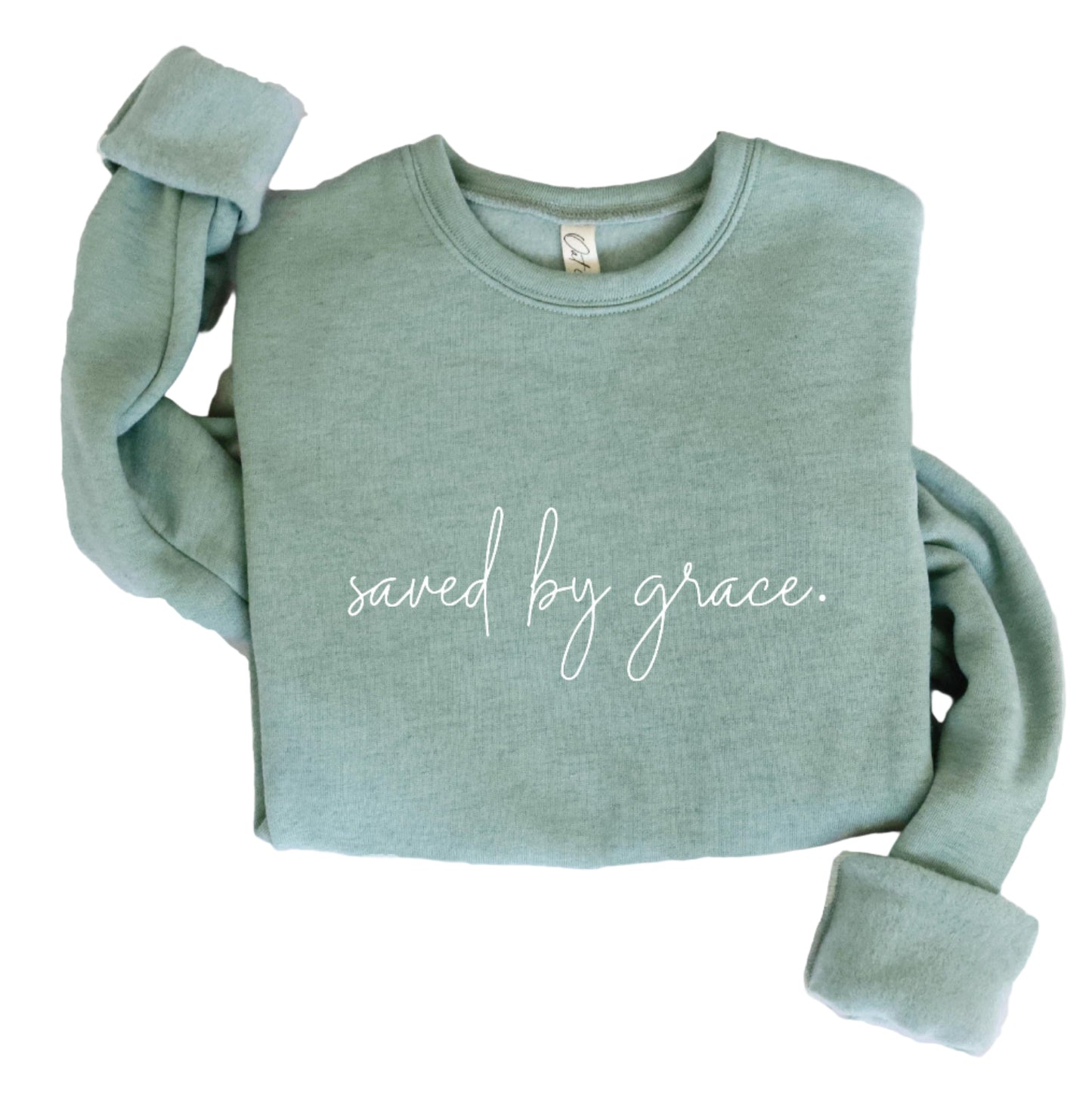 PLUS SIZE "SAVED BY GRACE" GRAPHIC SWEATSHIRT in HEATHER SAGE