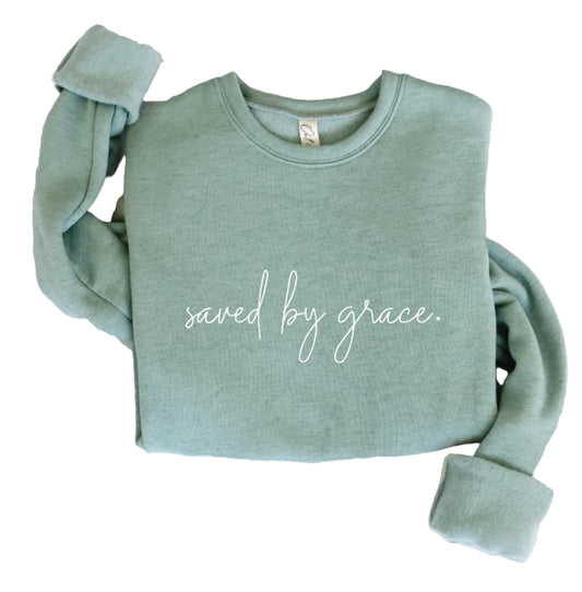 PLUS SIZE "SAVED BY GRACE" GRAPHIC SWEATSHIRT in HEATHER SAGE