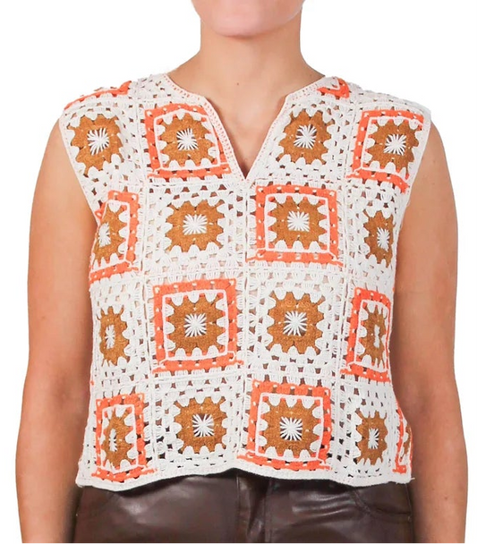 GRANNY SQUARE CROCHET PULL-OVER VEST in NATURAL, RUST and BROWN