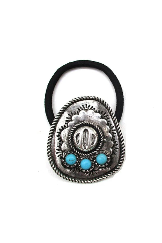 WESTERN COWBOY HAT STYLE WITH TURQUOISE STONE DETAIL HAIR TIE