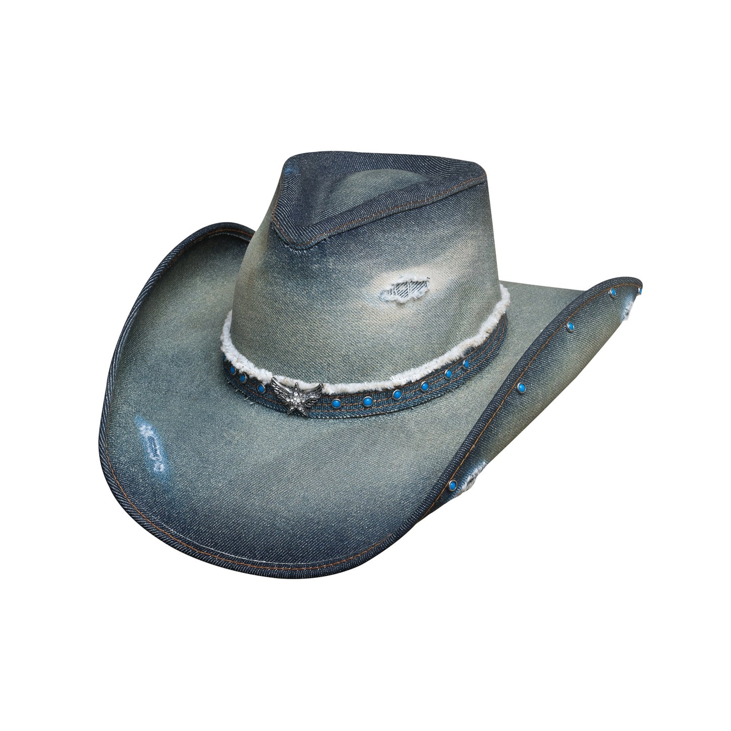 SILVER WINGS DISTRESSED DENIM COWBOY HAT