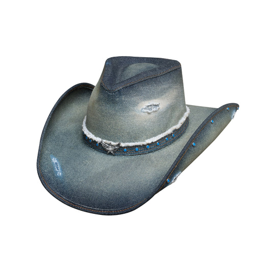 SILVER WINGS DISTRESSED DENIM COWBOY HAT