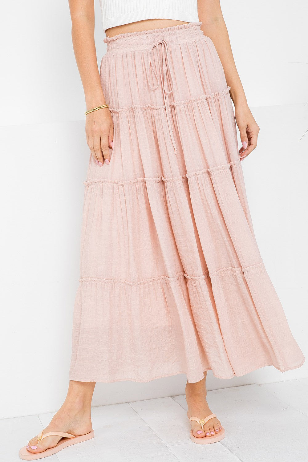 TIERED DRAWSTRING MAXI SKIRT in NUDE BLUSH