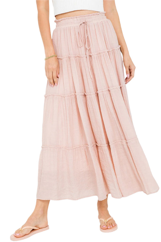 TIERED DRAWSTRING MAXI SKIRT in NUDE BLUSH