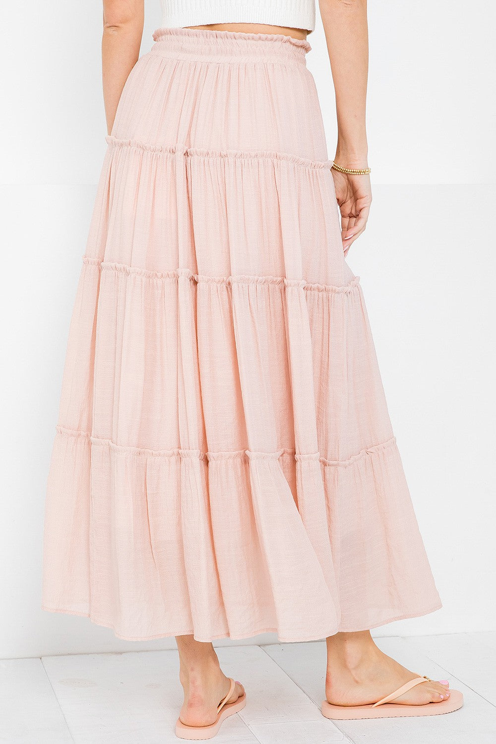 TIERED DRAWSTRING MAXI SKIRT in NUDE BLUSH