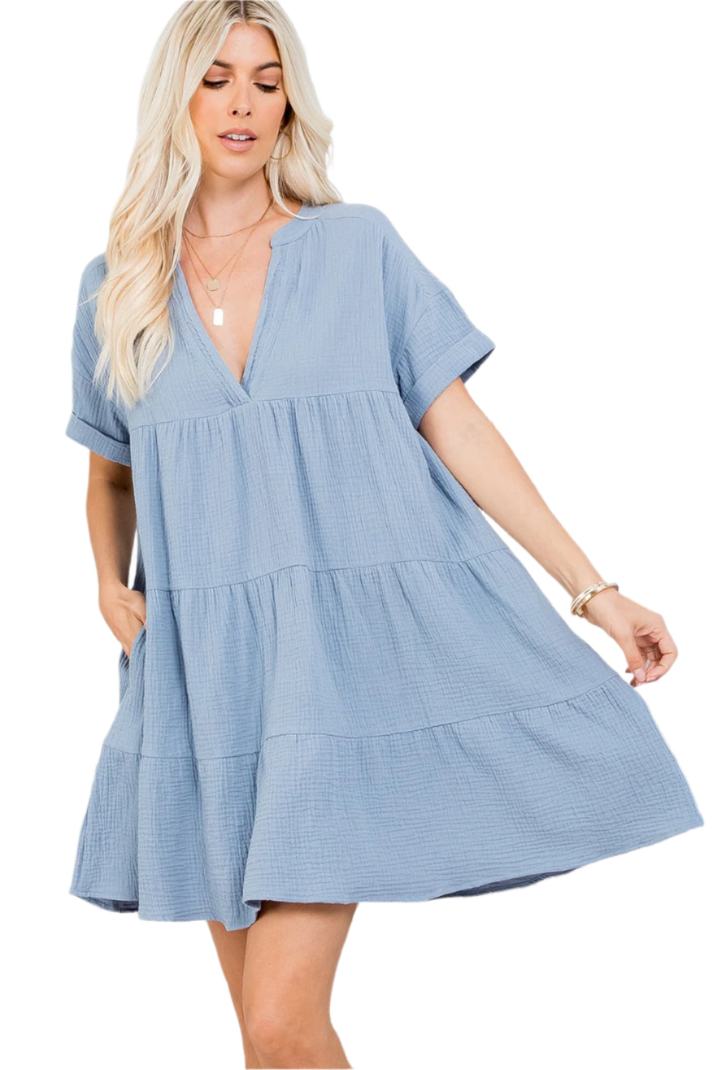 PLUS SIZE TIERED BABYDOLL DRESS in BLUE 2XL PLUS SIZE TIERED BABYDOLL DRESS in BLUE 2XL