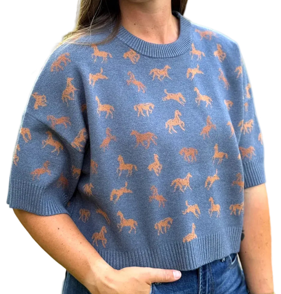 ELBOW SLEEVE HORSE PRINT SWEATER in IVORY OR NAVY