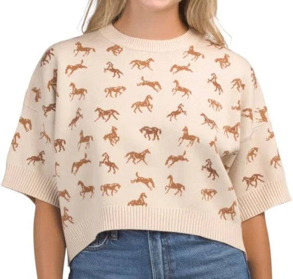 ELBOW SLEEVE HORSE PRINT SWEATER in IVORY OR NAVY